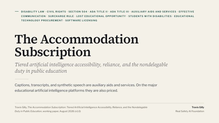 First slide of the plain language summary of The Accommodation Subscription: Tiered Artificial Intelligence Accessibility, Reliance, and the Nondelegable Duty in Public Education