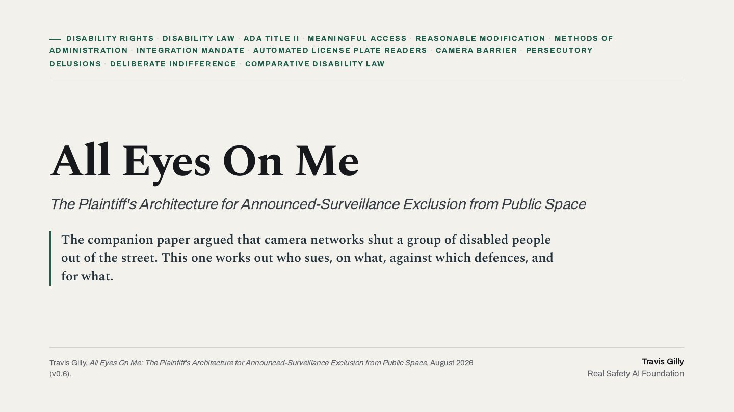 First slide of the plain language summary of All Eyes On Me: The Plaintiff's Architecture for Announced-Surveillance Exclusion from Public Space
