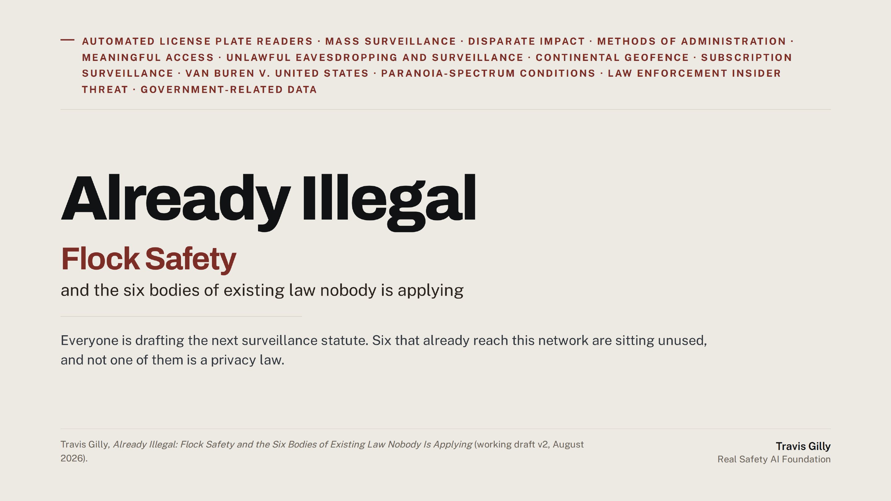 First slide of the plain language summary of Already Illegal: Flock Safety and the Six Bodies of Existing Law Nobody Is Applying