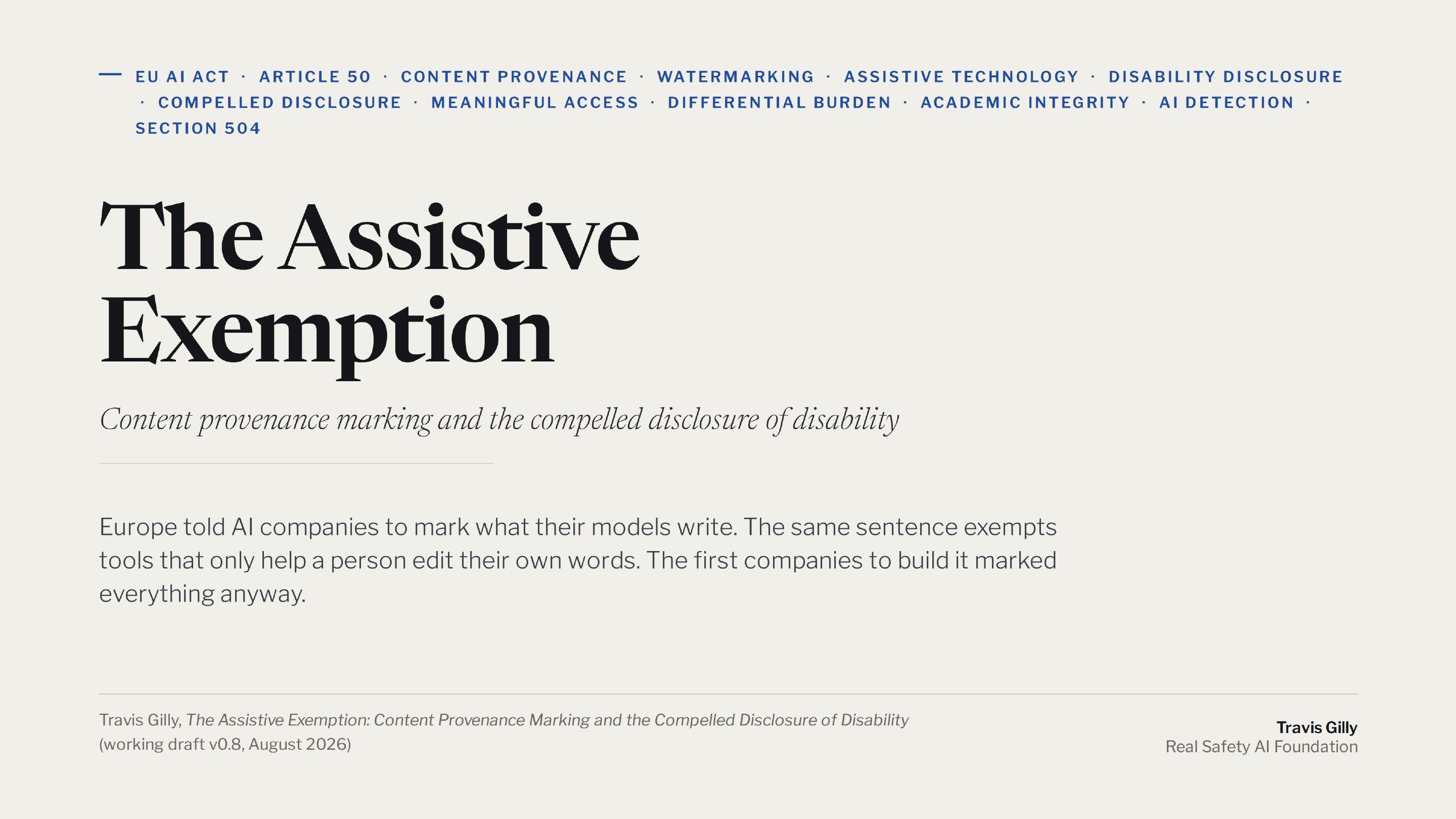 First slide of the plain language summary of The Assistive Exemption: Content Provenance Marking and the Compelled Disclosure of Disability