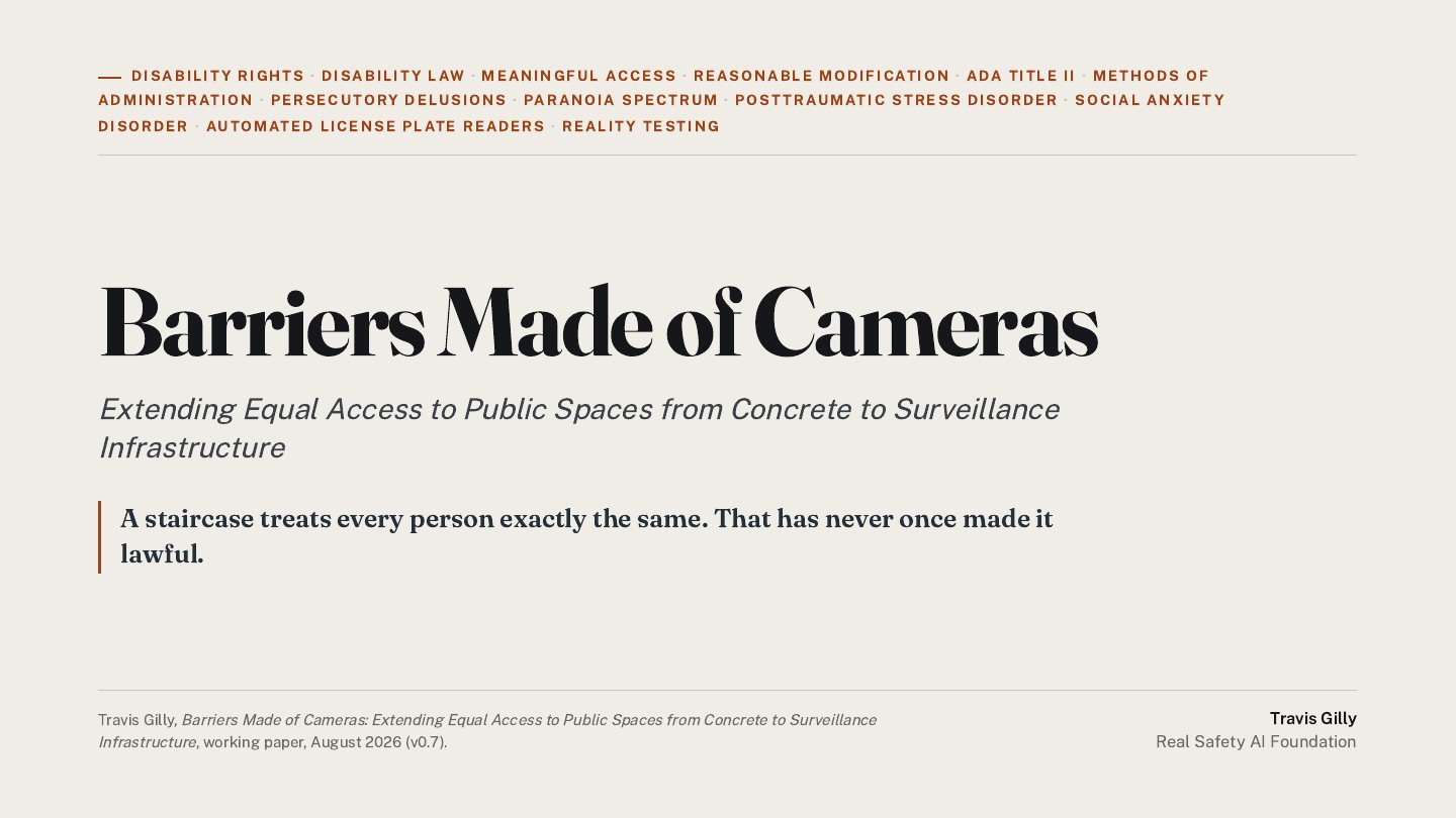 First slide of the plain language summary of Barriers Made of Cameras: Extending Equal Access to Public Spaces from Concrete to Surveillance Infrastructure