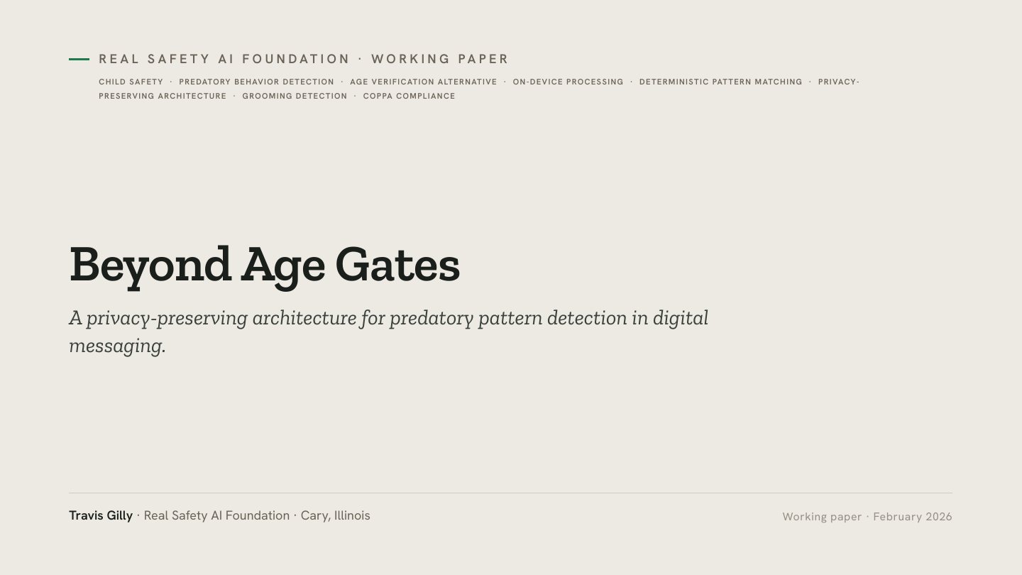 First slide of the plain language summary of Beyond Age Gates: A Privacy-Preserving Architecture for Predatory Pattern Detection in Youth-Facing AI Systems