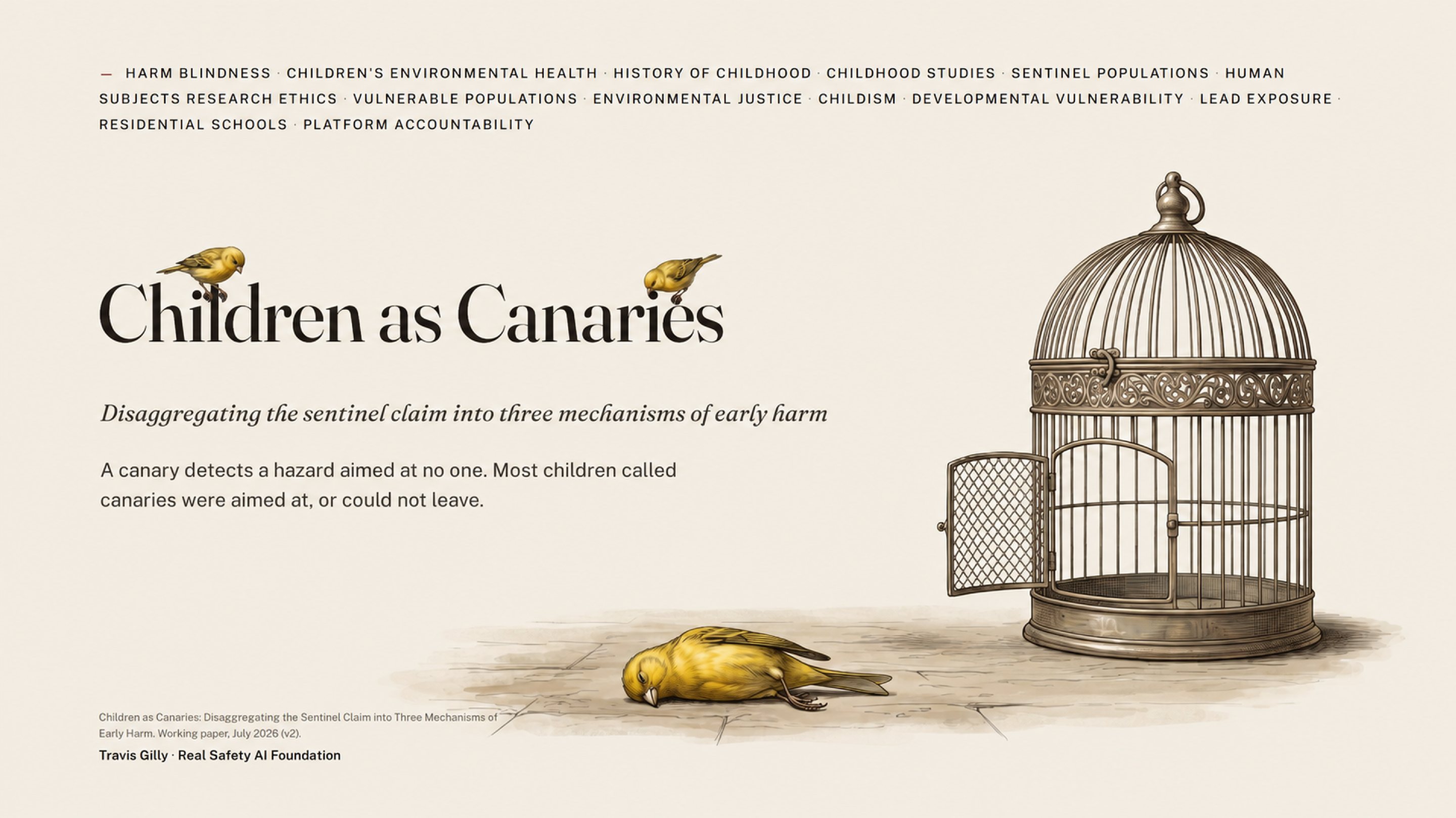 First slide of the plain language summary of Children as Canaries: Disaggregating the Sentinel Claim into Three Mechanisms of Early Harm