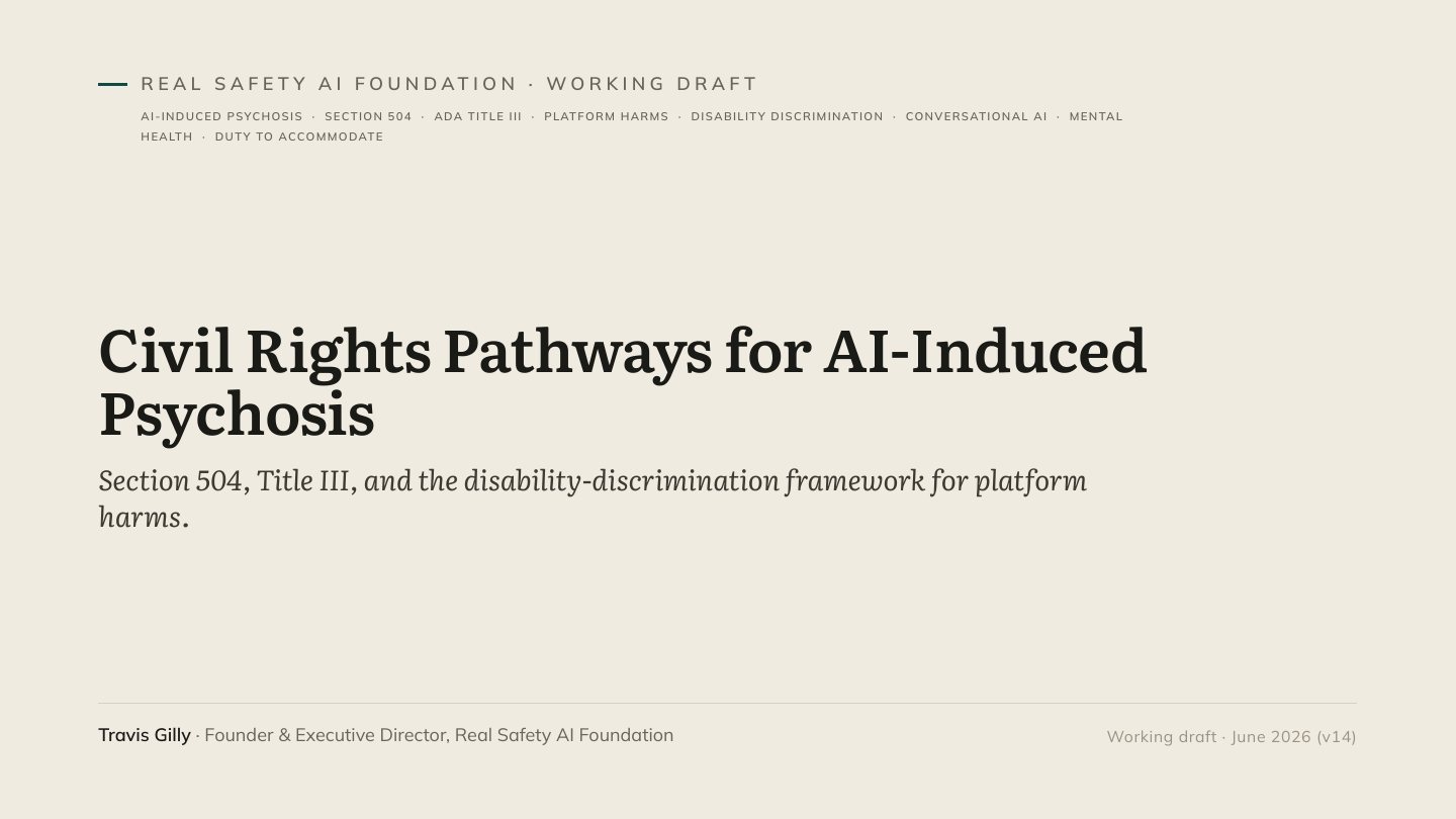First slide of the plain language summary of Civil Rights Pathways for AI-Induced Psychosis