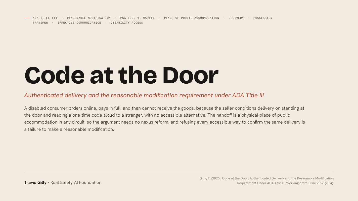 First slide of the plain language summary of Code at the Door: Authenticated Delivery and the Reasonable Modification Requirement Under ADA Title III