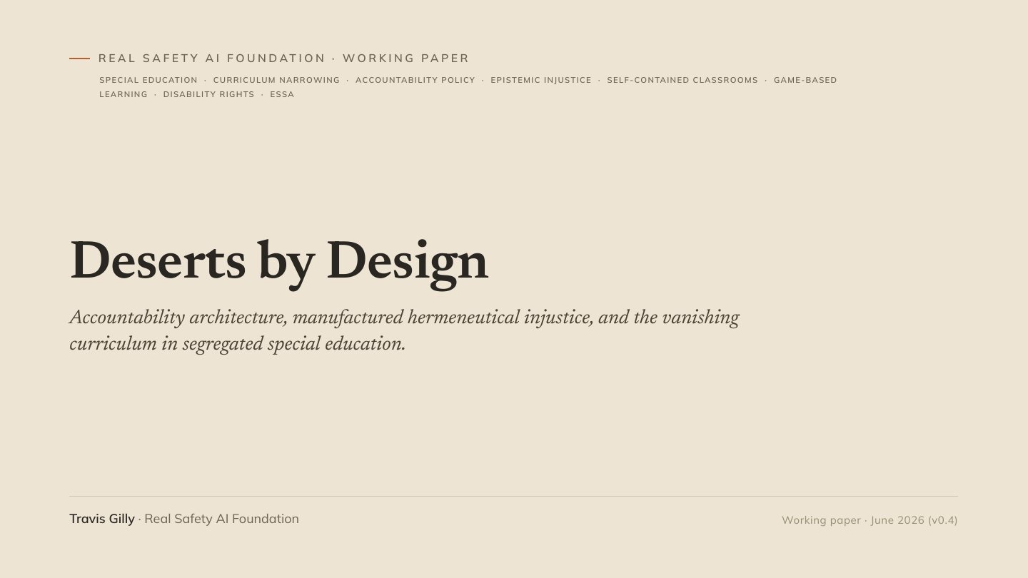 First slide of the plain language summary of Deserts by Design: Accountability Architecture, Manufactured Hermeneutical Injustice, and the Vanishing Curriculum in Segregated Special Education