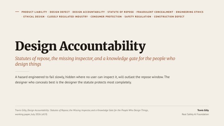 First slide of the plain language summary of Design Accountability: Statutes of Repose, the Missing Inspector, and a Knowledge Gate for the People Who Design Things