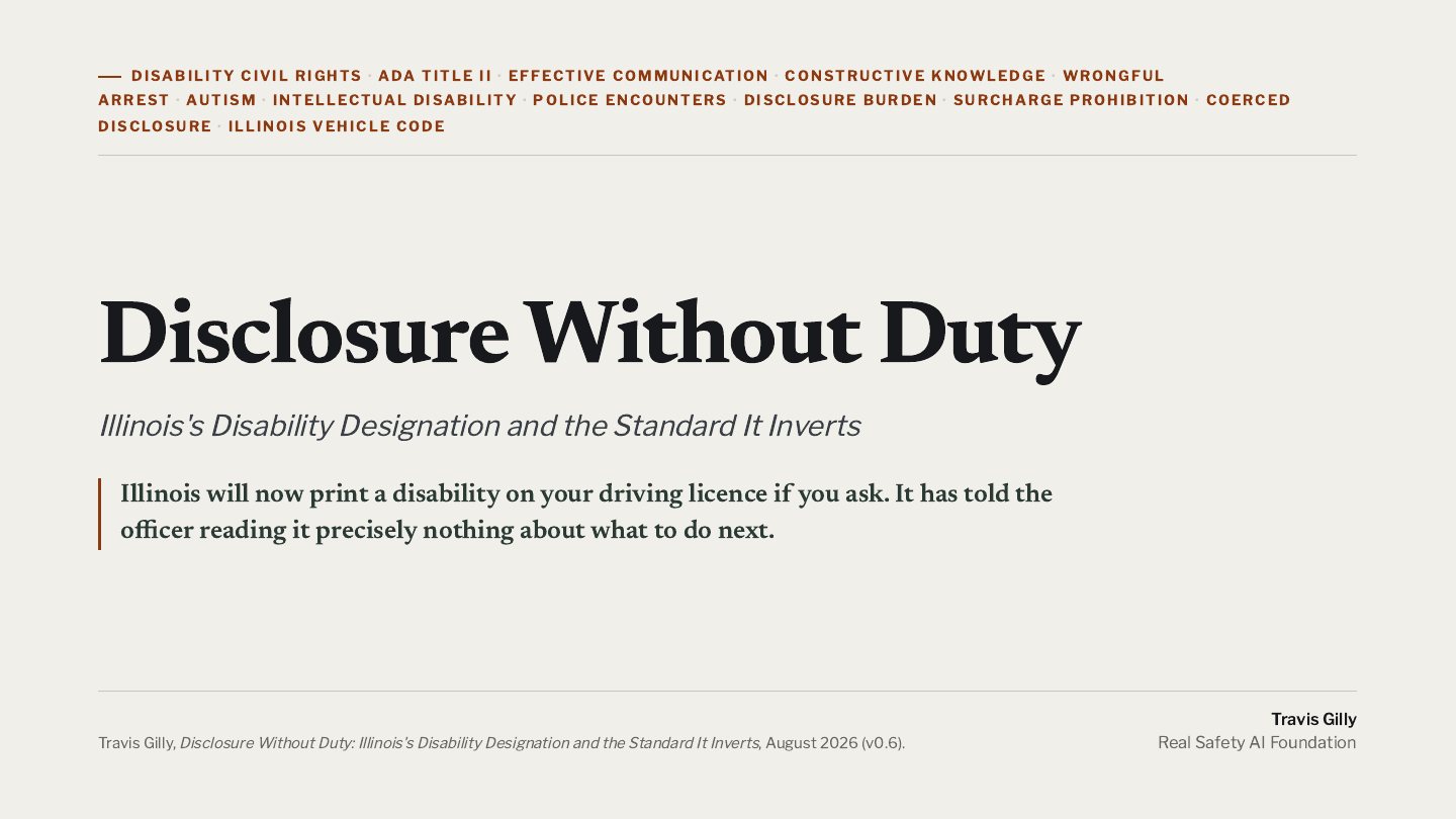 First slide of the plain language summary of Disclosure Without Duty: Illinois's Disability Designation and the Standard It Inverts