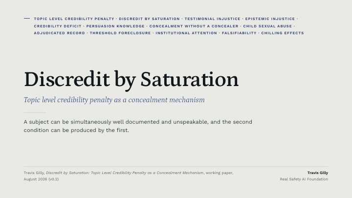 First slide of the plain language summary of Discredit by Saturation: Topic Level Credibility Penalty as a Concealment Mechanism
