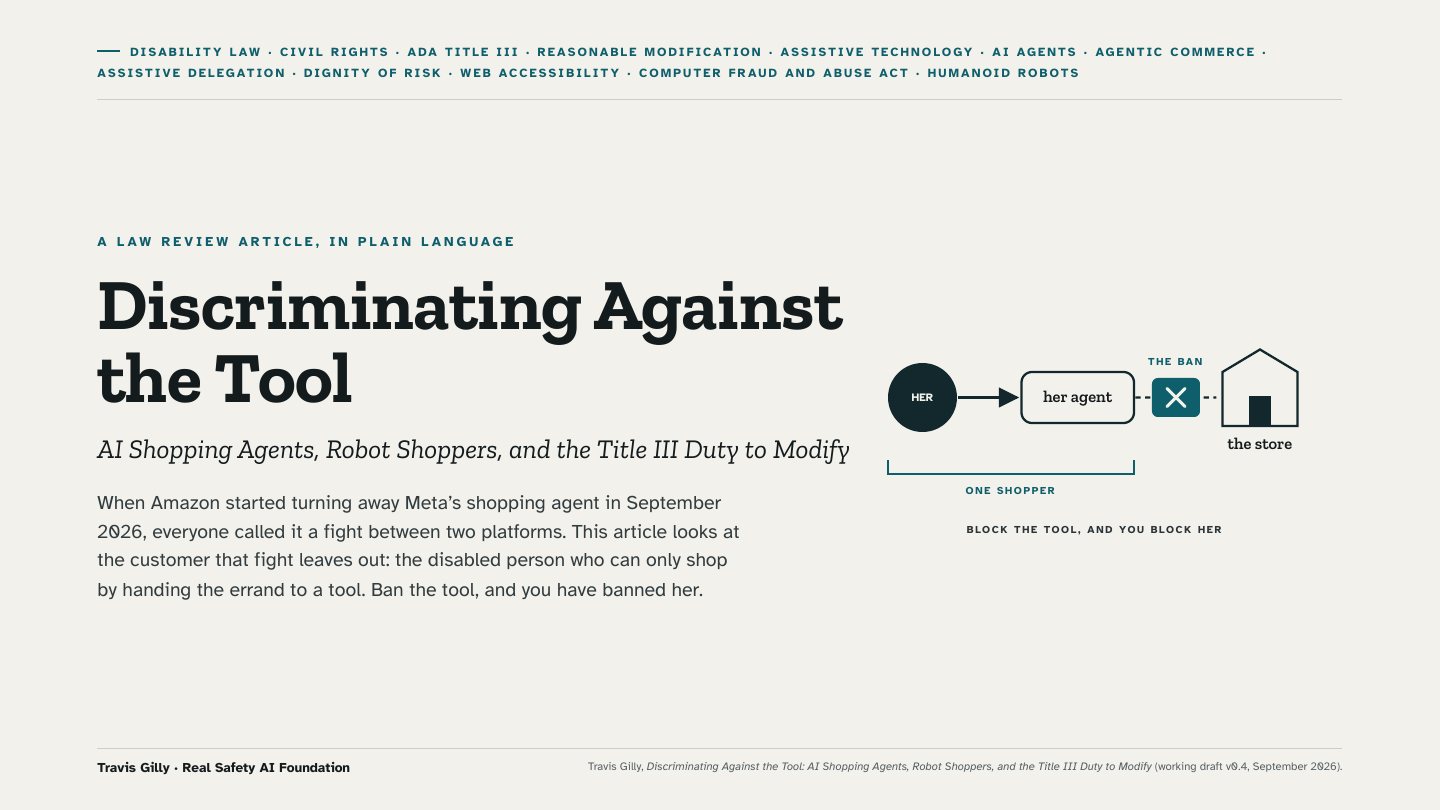 First slide of the plain language summary of Discriminating Against the Tool: AI Shopping Agents, Robot Shoppers, and the Title III Duty to Modify