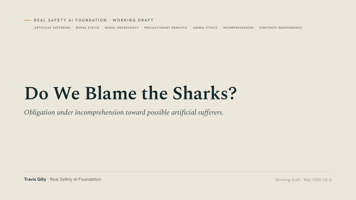 First slide of the plain language summary of Do We Blame the Sharks? Obligation Under Incomprehension Toward Possible Artificial Sufferers