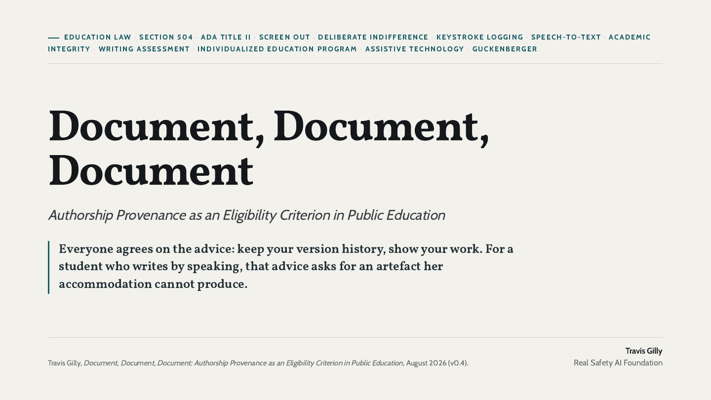 First slide of the plain language summary of Document, Document, Document: Authorship Provenance as an Eligibility Criterion in Public Education