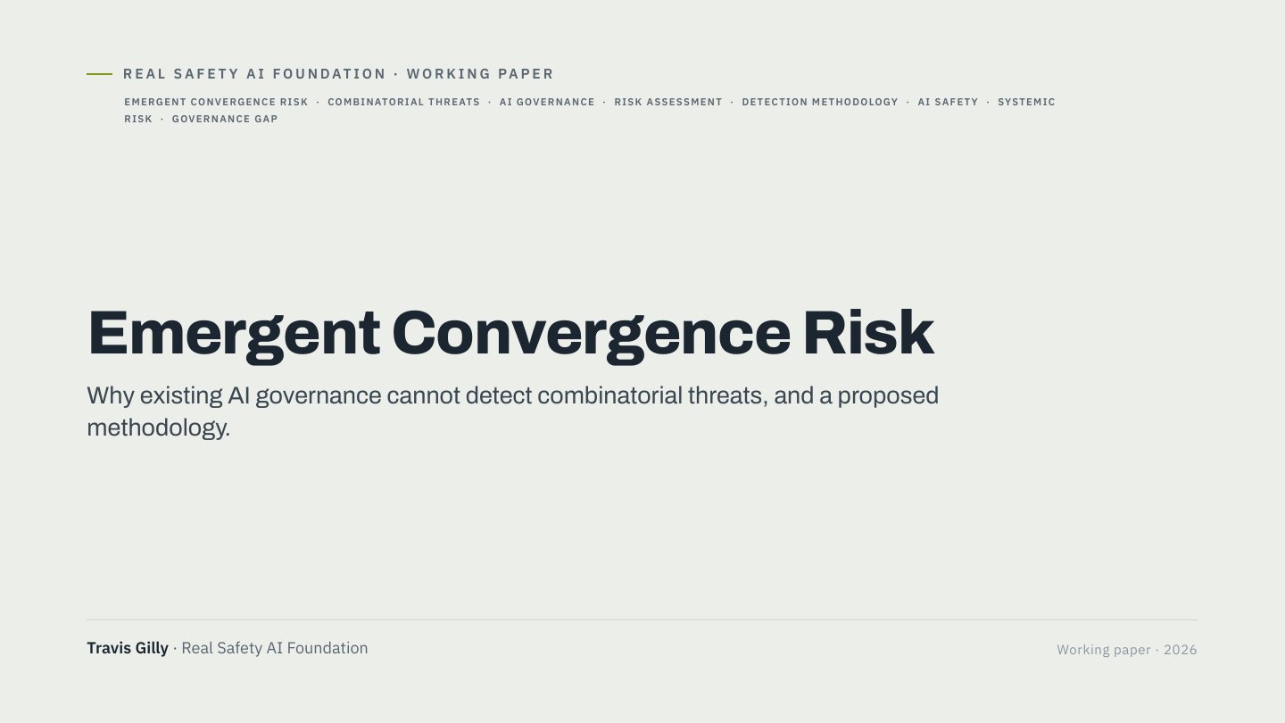 First slide of the plain language summary of Emergent Convergence Risk: Why Existing AI Governance Cannot Detect Combinatorial Threats and a Proposed Methodology