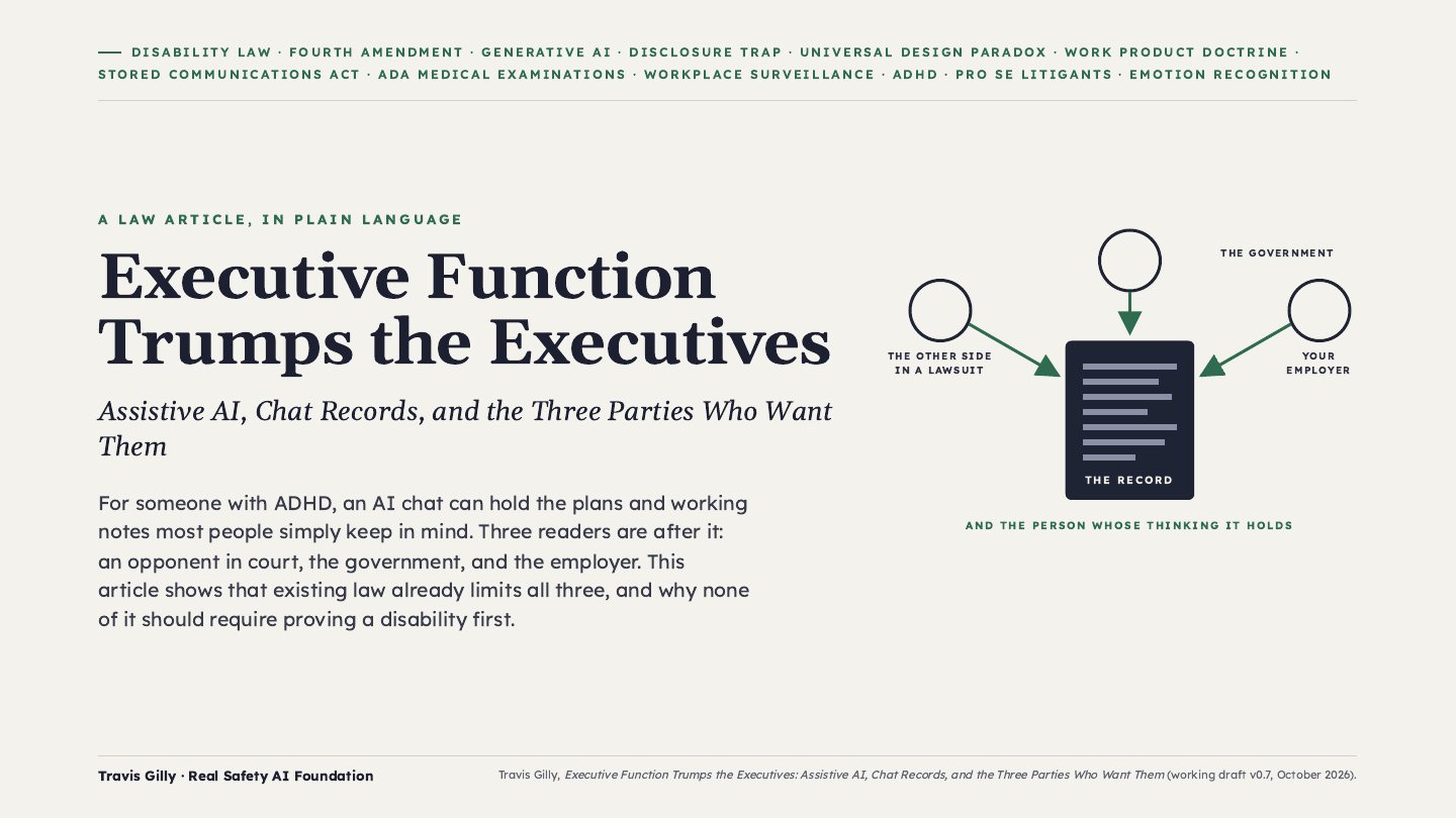 First slide of the plain language summary of Executive Function Trumps the Executives: Assistive AI, Chat Records, and the Three Parties Who Want Them