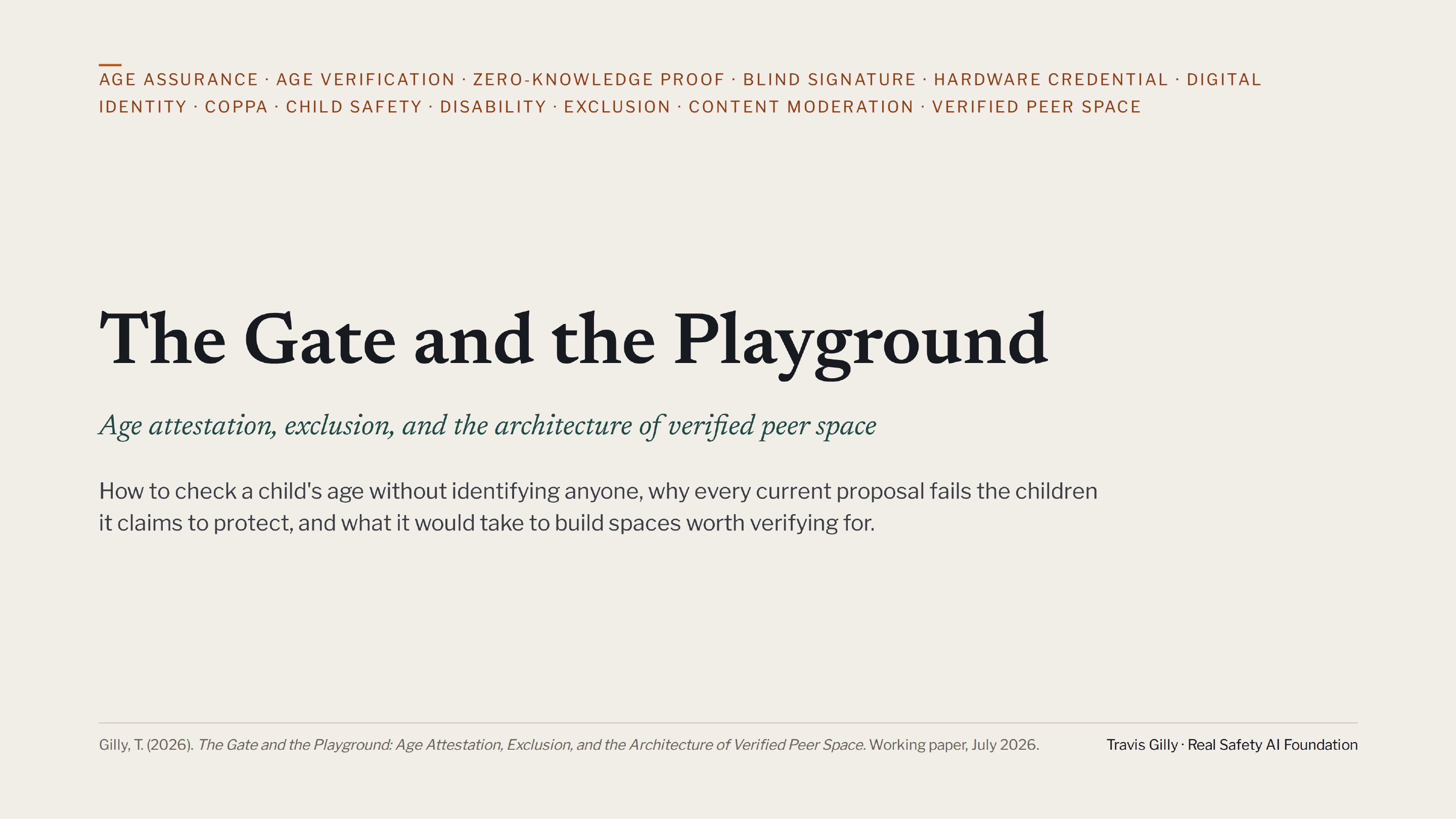 First slide of the plain language summary of The Gate and the Playground: Age Attestation, Exclusion, and the Architecture of Verified Peer Space