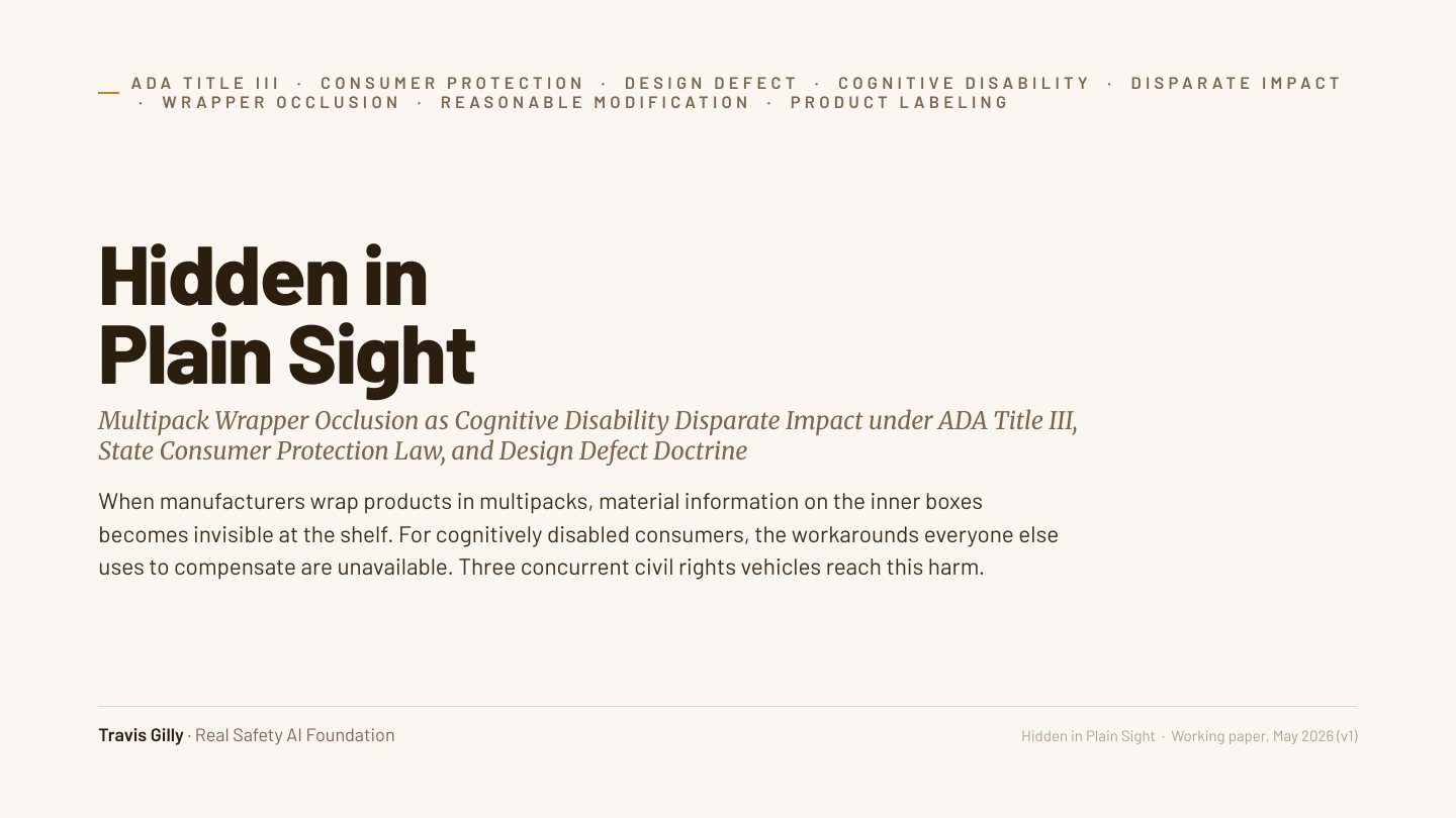 First slide of the plain language summary of Hidden in Plain Sight: Multipack Wrapper Occlusion as Cognitive Disability Disparate Impact Under ADA Title III