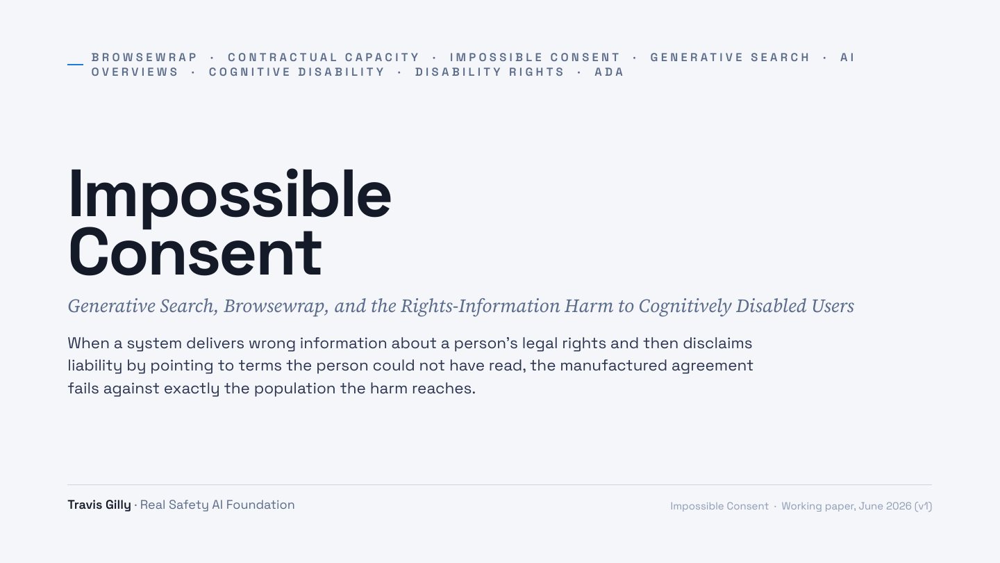 First slide of the plain language summary of Impossible Consent: Generative Search, Browsewrap, and the Rights-Information Harm to Cognitively Disabled Users