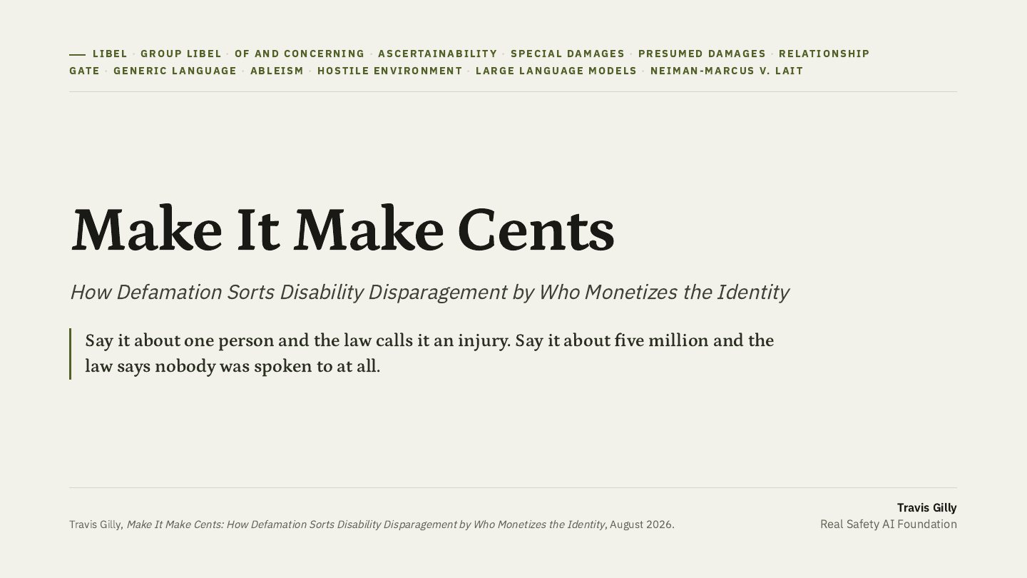 First slide of the plain language summary of Make It Make Cents: How Defamation's Economic Filter Abandons the Disability Class