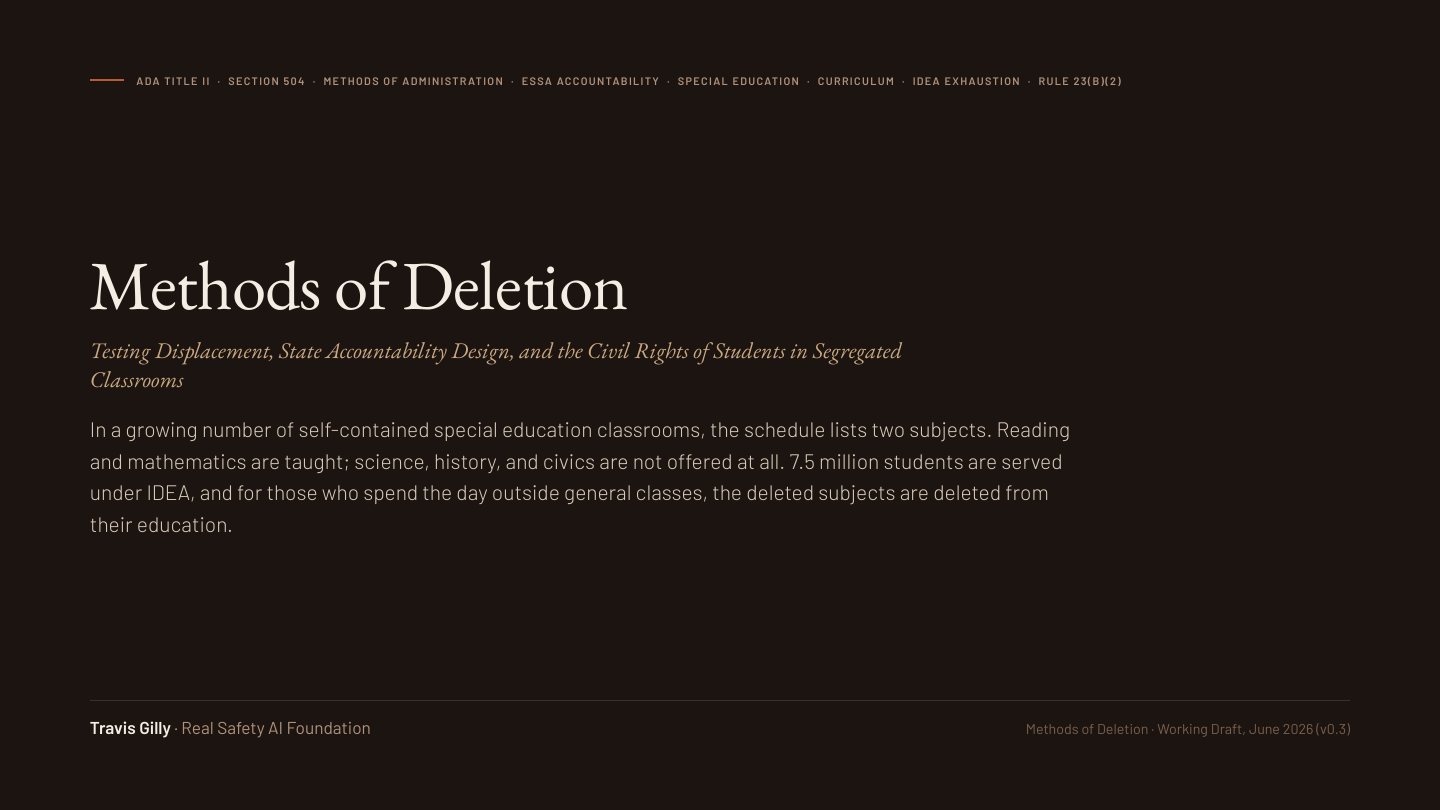 First slide of the plain language summary of Methods of Deletion: Testing Displacement, State Accountability Design, and the Civil Rights of Students in Segregated Classrooms