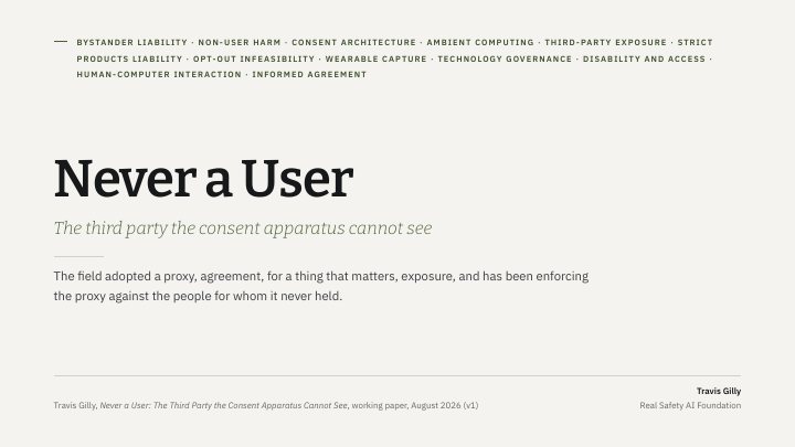 First slide of the plain language summary of Never a User: The Third Party the Consent Apparatus Cannot See