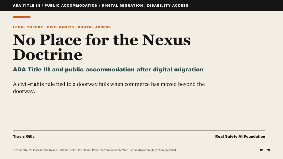 First slide of the plain language summary of No Place for the Nexus Doctrine: ADA Title III and Public Accommodation After Digital Migration