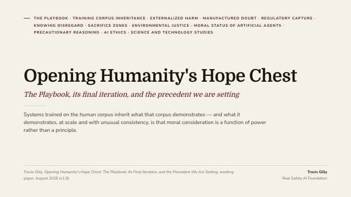 First slide of the plain language summary of Opening Humanity's Hope Chest: The Playbook, Its Final Iteration, and the Precedent We Are Setting