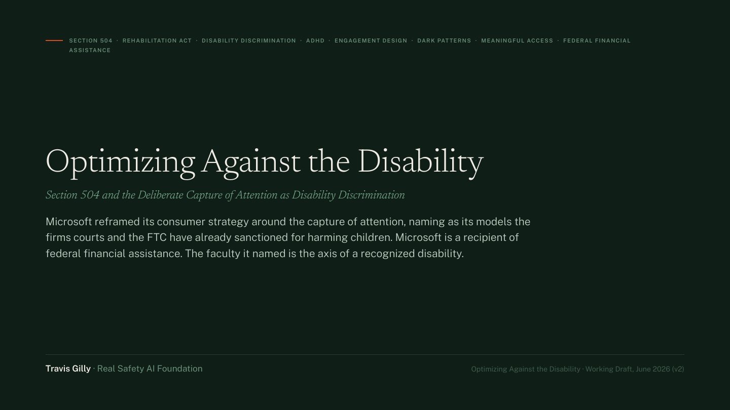 First slide of the plain language summary of Optimizing Against the Disability: Section 504 and the Deliberate Capture of Attention as Disability Discrimination
