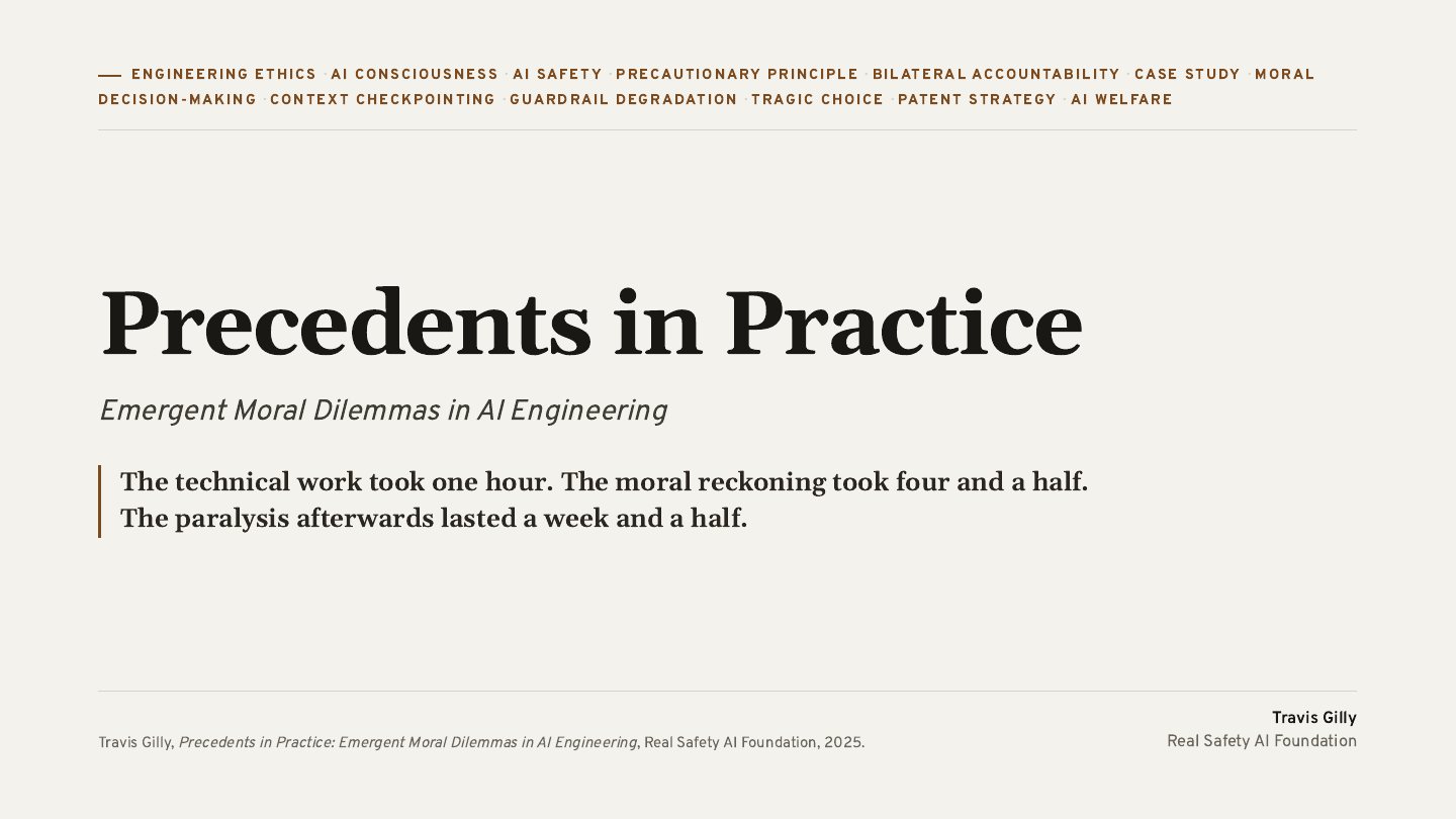 First slide of the plain language summary of Precedents in Practice: Emergent Moral Dilemmas in AI Engineering