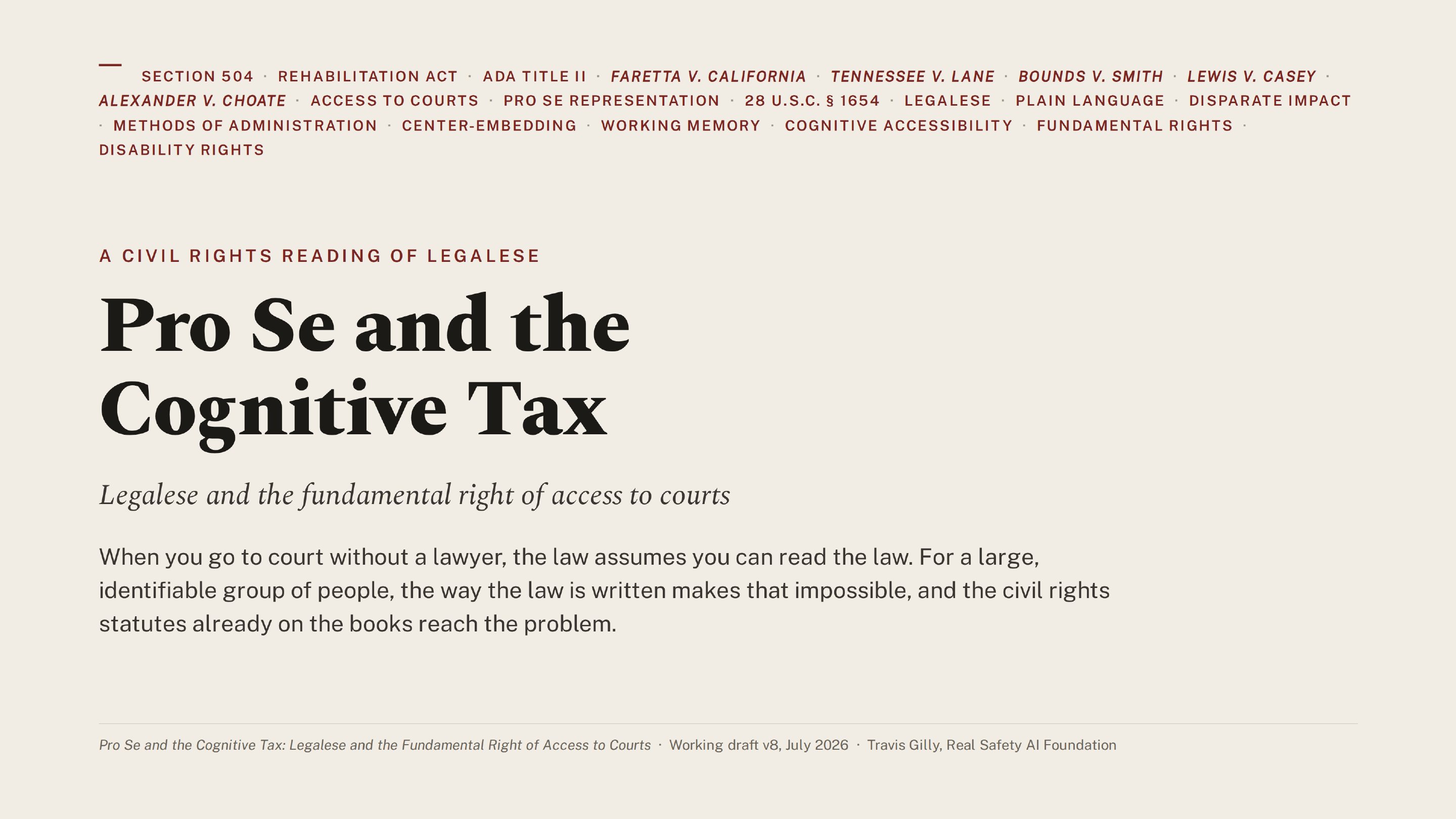 First slide of the plain language summary of Pro Se and the Cognitive Tax: Legalese and the Fundamental Right of Access to Courts