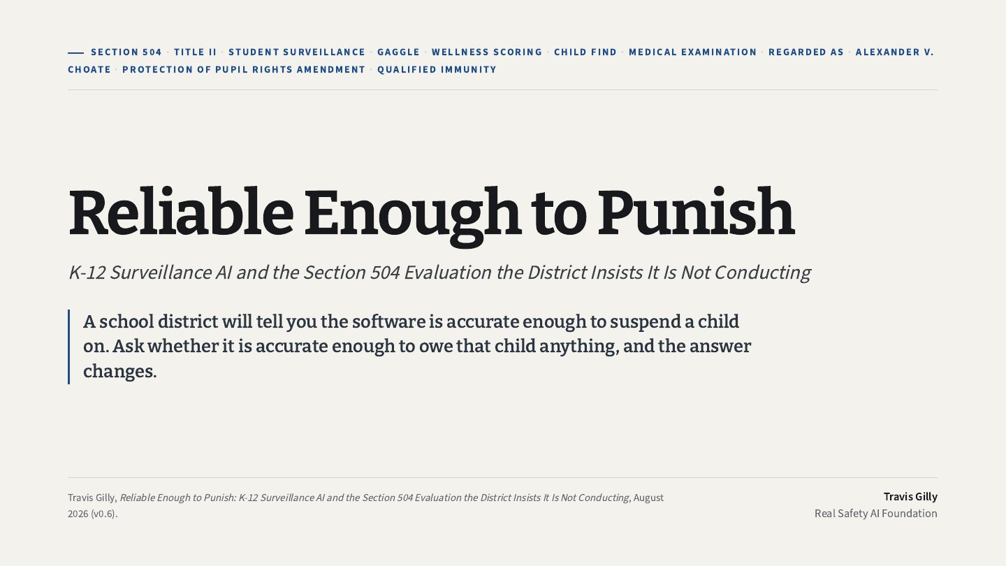 First slide of the plain language summary of Reliable Enough to Punish: K-12 Surveillance AI and the Section 504 Evaluation the District Insists It Is Not Conducting