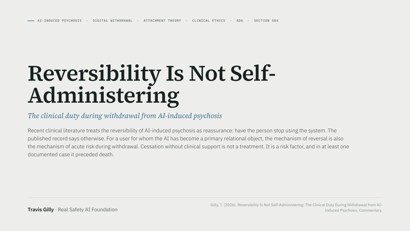 First slide of the plain language summary of Reversibility Is Not Self-Administering: The Clinical Duty During Withdrawal from AI-Induced Psychosis