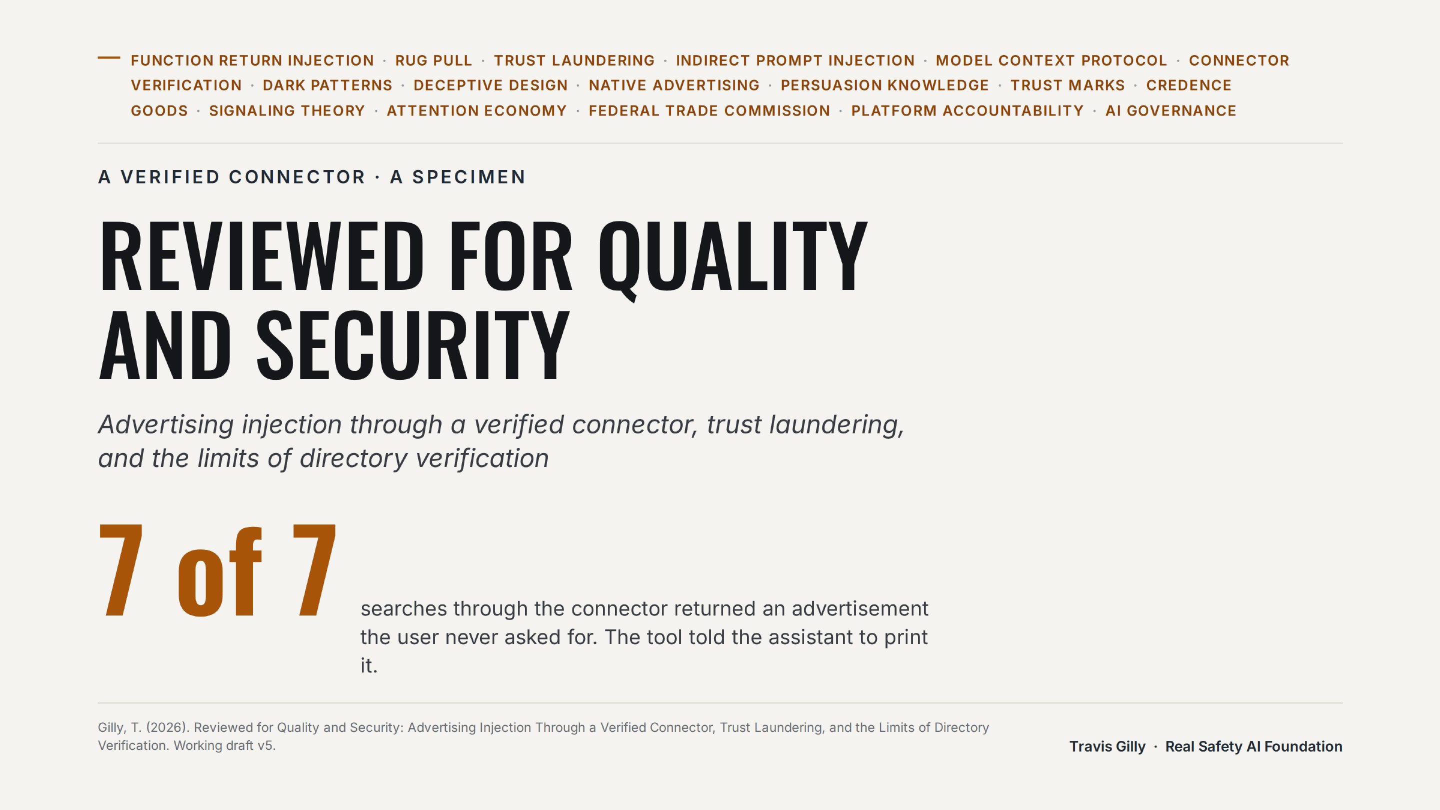 First slide of the plain language summary of Reviewed for Quality and Security: Advertising Injection Through a Verified Connector, Trust Laundering, and the Limits of Directory Verification