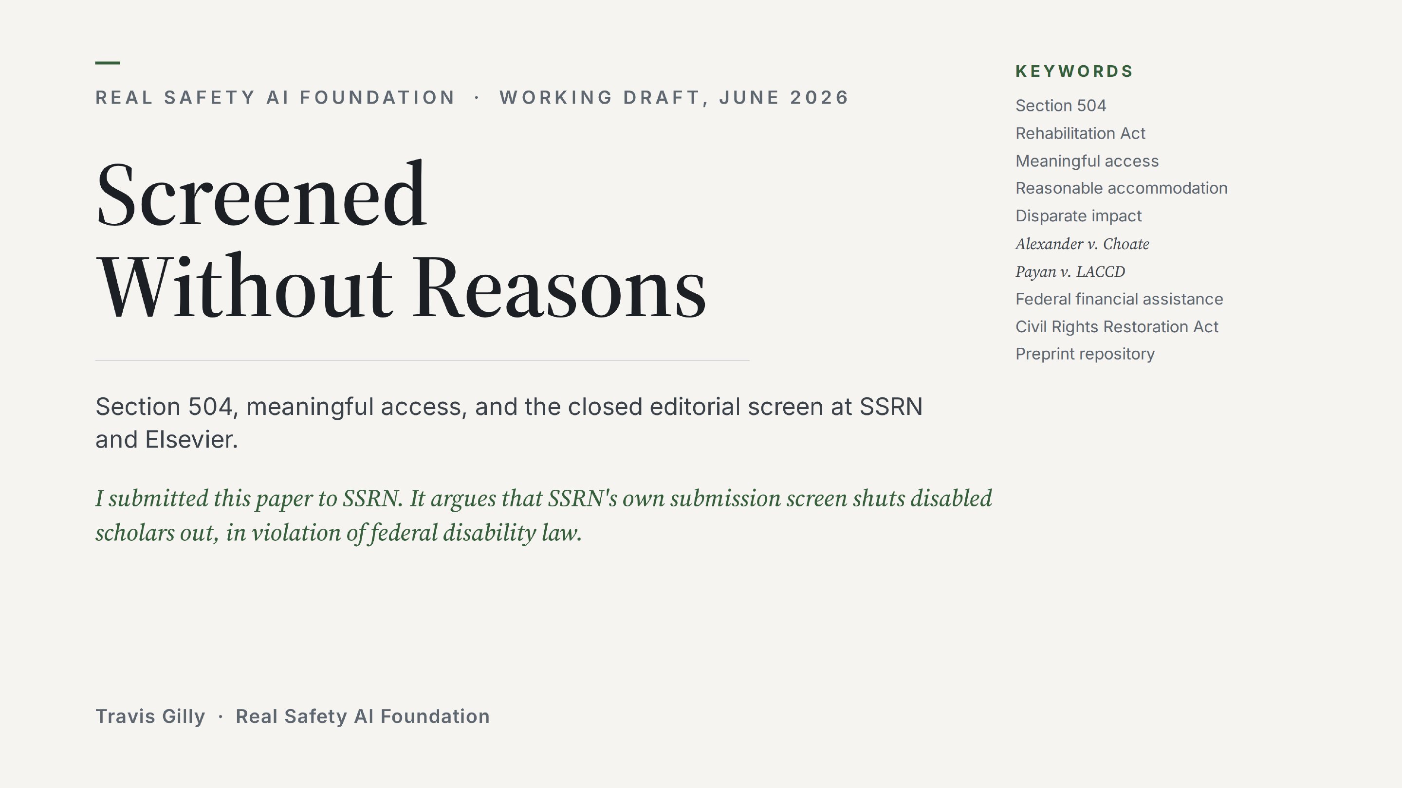 First slide of the plain language summary of Screened Without Reasons: Section 504, Meaningful Access, and the Closed Editorial Screen at SSRN and Elsevier