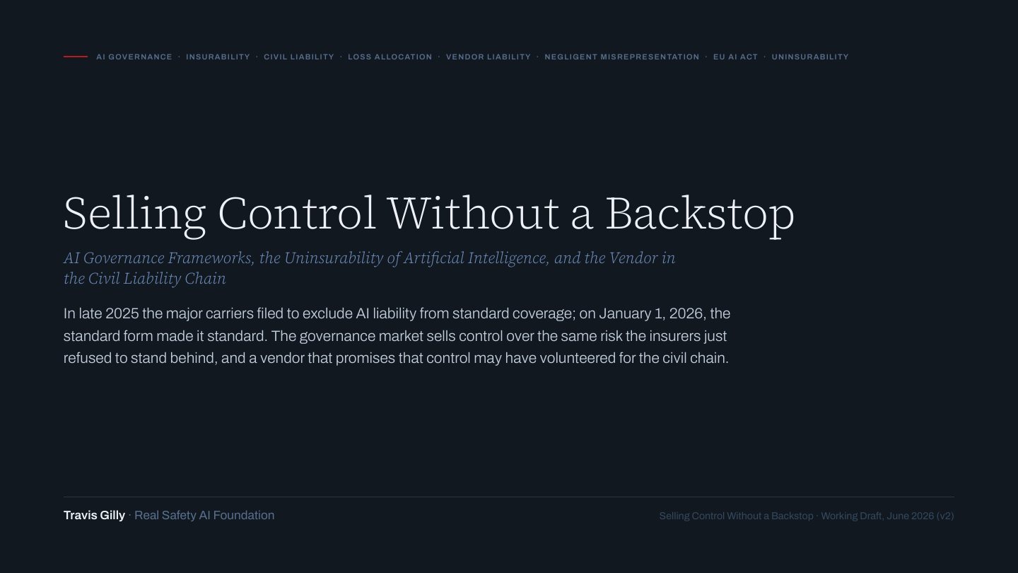 First slide of the plain language summary of Selling Control Without a Backstop: AI Governance Frameworks, the Uninsurability of Artificial Intelligence, and the Vendor in the Civil Liability Chain