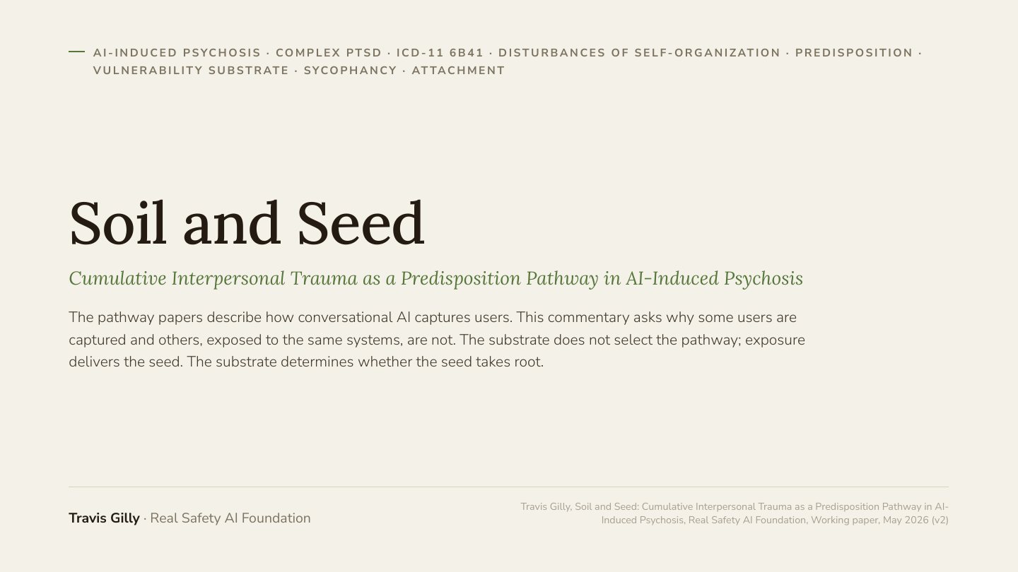 First slide of the plain language summary of Soil and Seed: Cumulative Interpersonal Trauma as a Predisposition Pathway in AI-Induced Psychosis
