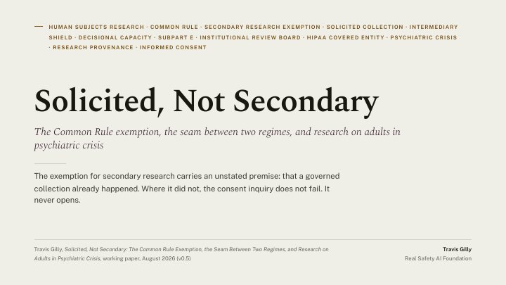 First slide of the plain language summary of Solicited, Not Secondary: The Common Rule Exemption, the Seam Between Two Regimes, and Research on Adults in Psychiatric Crisis