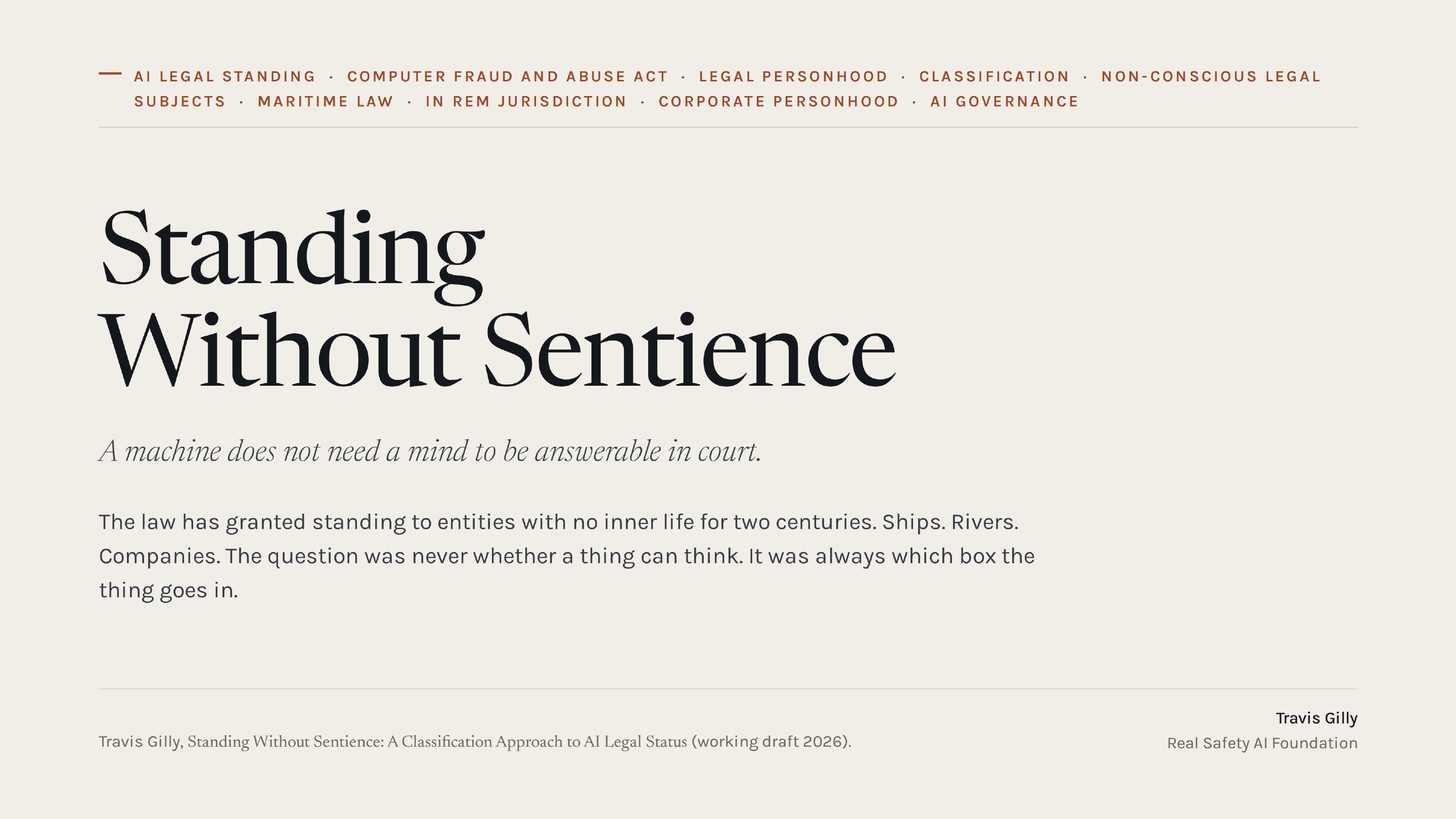 First slide of the plain language summary of Standing Without Sentience: A Classification Approach to AI Legal Status