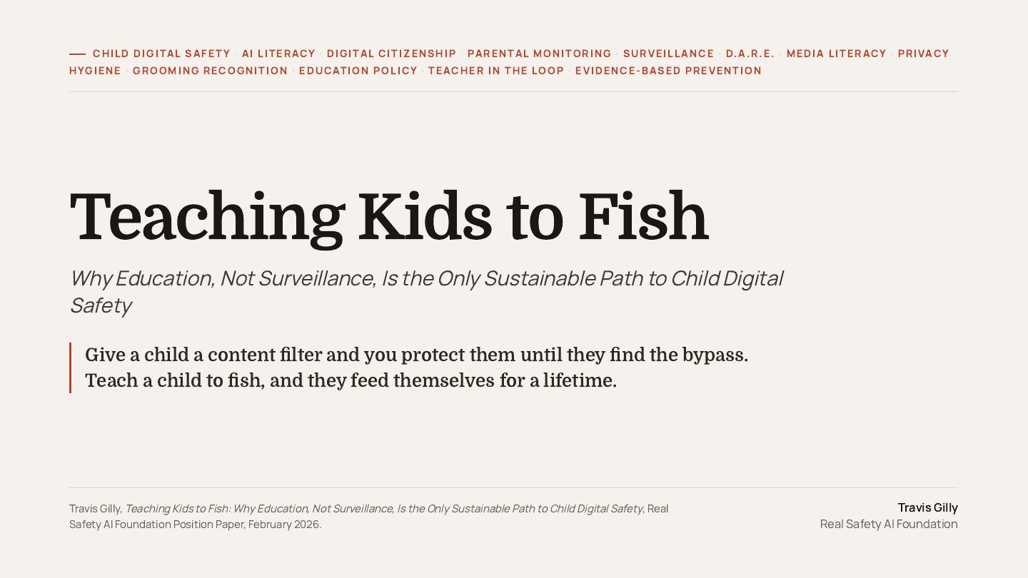 First slide of the plain language summary of Teaching Kids to Fish: A Position Paper on AI Literacy Education