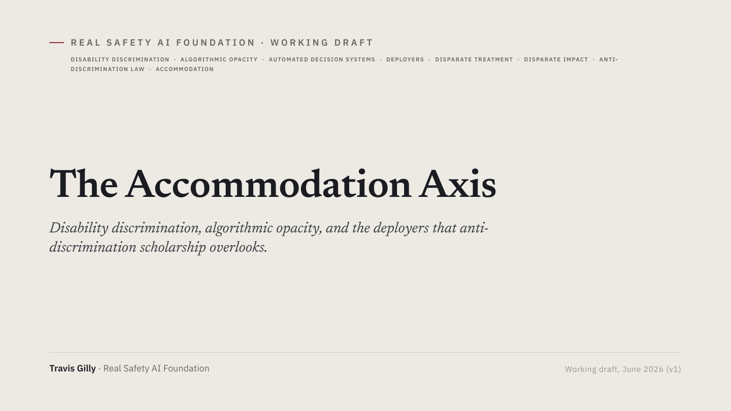 First slide of the plain language summary of The Accommodation Axis: Disability Discrimination, Algorithmic Opacity, and the Deployers That Anti-Discrimination Scholarship Overlooks