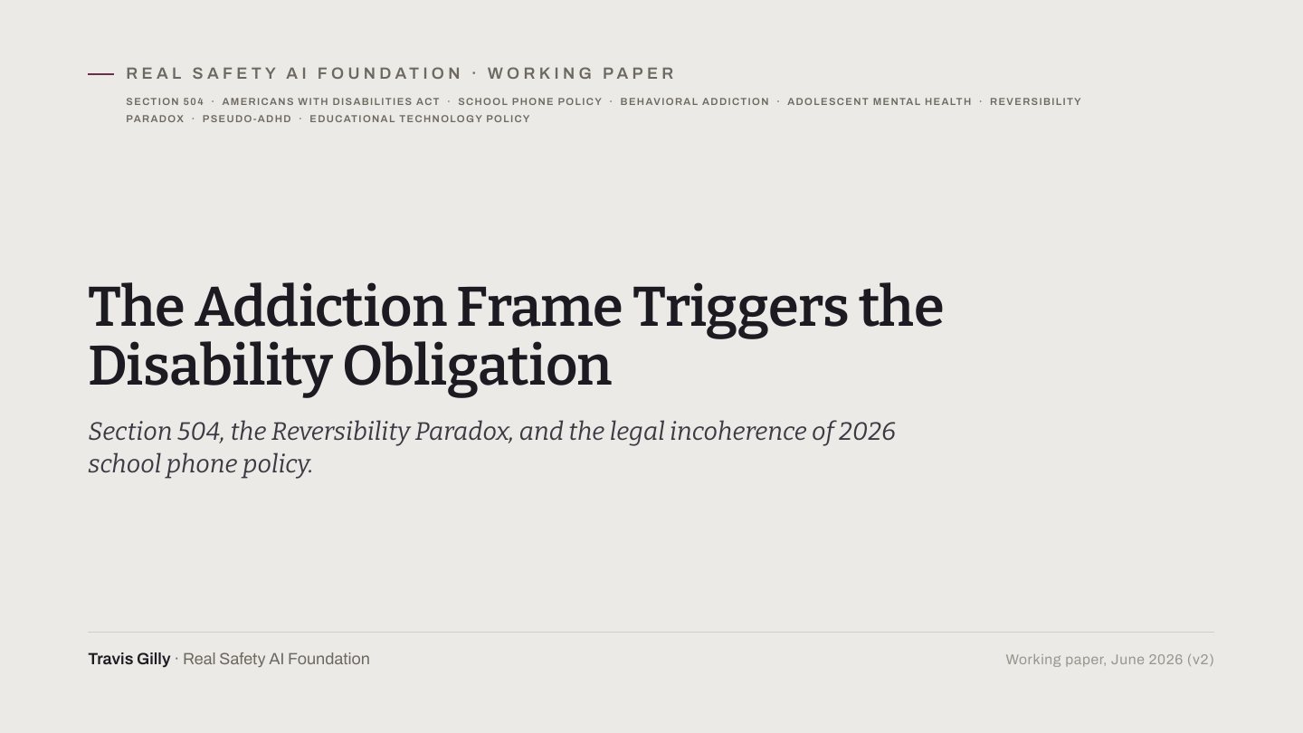 First slide of the plain language summary of The Addiction Frame Triggers the Disability Obligation: Section 504, the Reversibility Paradox, and the Legal Incoherence of 2026 School Phone Policy
