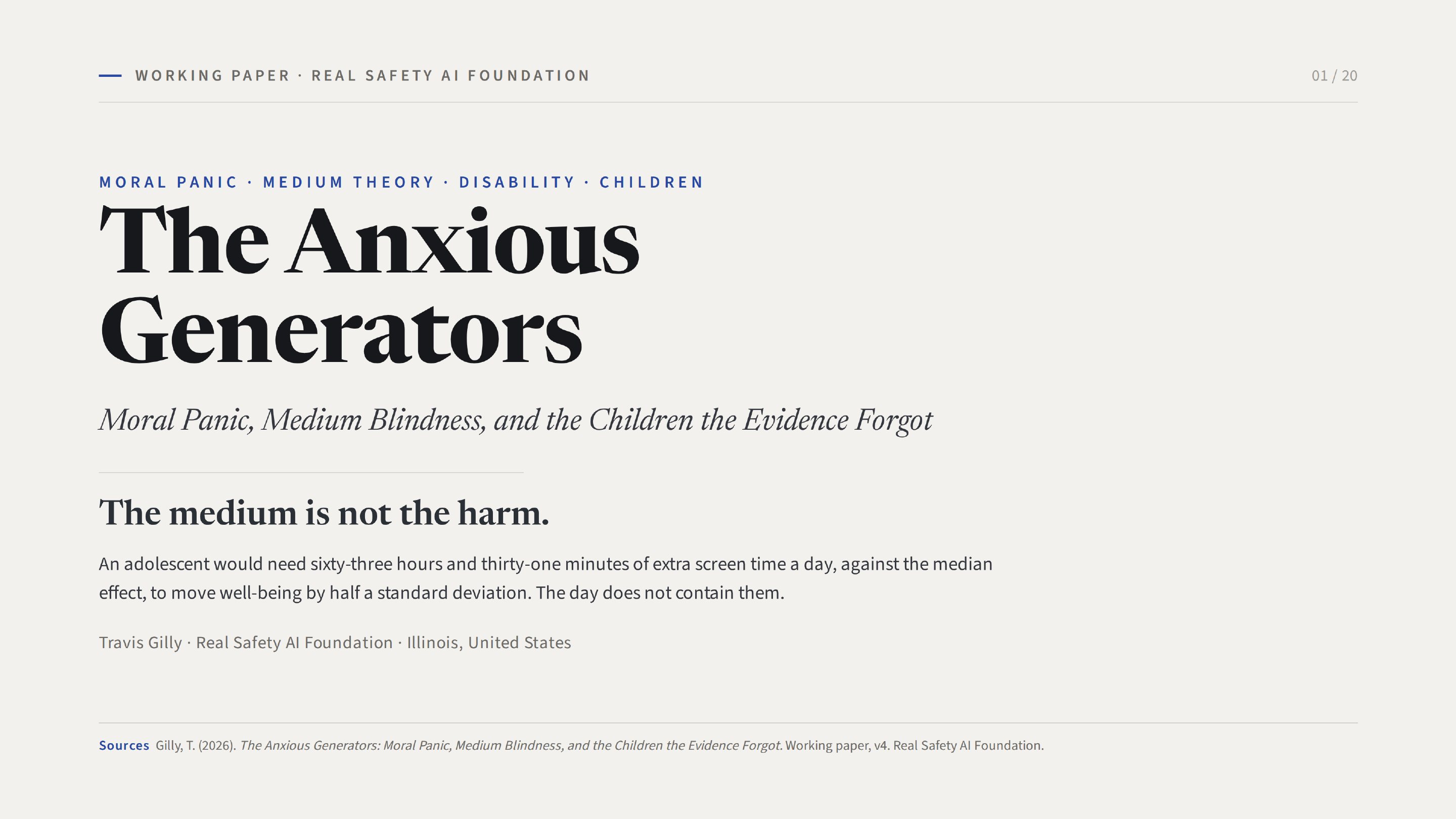 First slide of the plain language summary of The Anxious Generators: Moral Panic, Medium Blindness, and the Children the Evidence Forgot