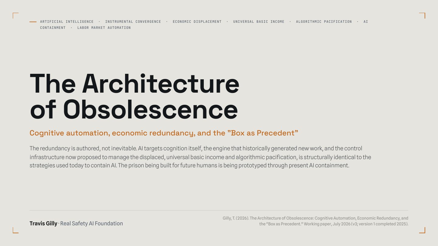First slide of the plain language summary of The Architecture of Obsolescence: Cognitive Automation, Economic Redundancy, and the Box as Precedent