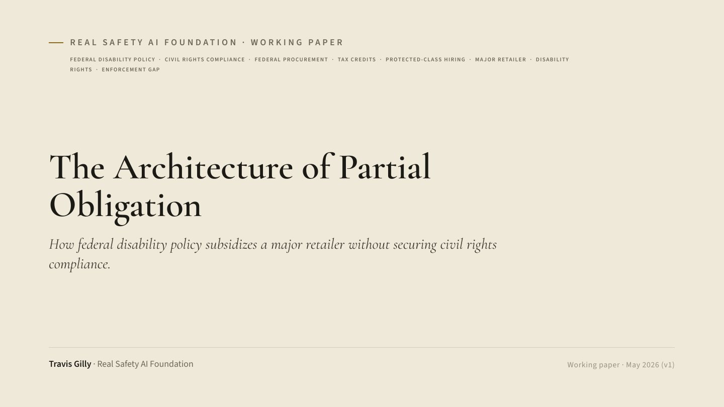 First slide of the plain language summary of The Architecture of Partial Obligation: How Federal Disability Policy Subsidizes a Major Retailer Without Securing Civil Rights