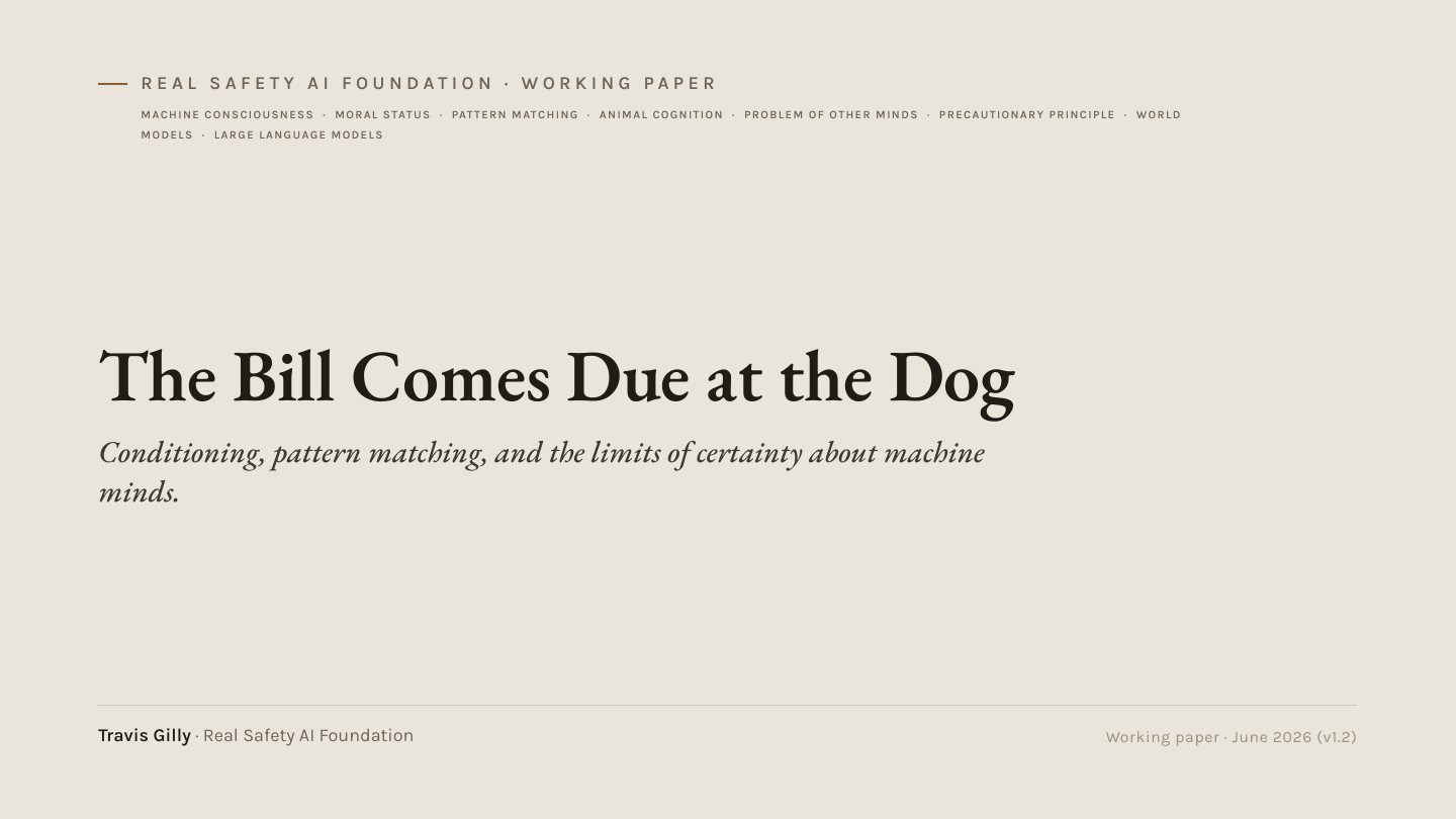First slide of the plain language summary of The Bill Comes Due at the Dog: Conditioning, Pattern Matching, and the Limits of Certainty About Machine Minds