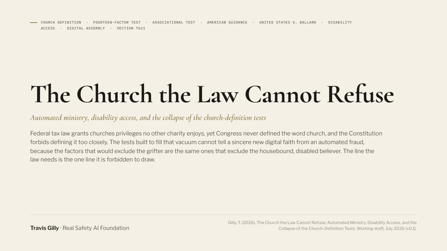 First slide of the plain language summary of The Church the Law Cannot Refuse: Automated Ministry, Disability Access, and the Collapse of the Church-Definition Tests