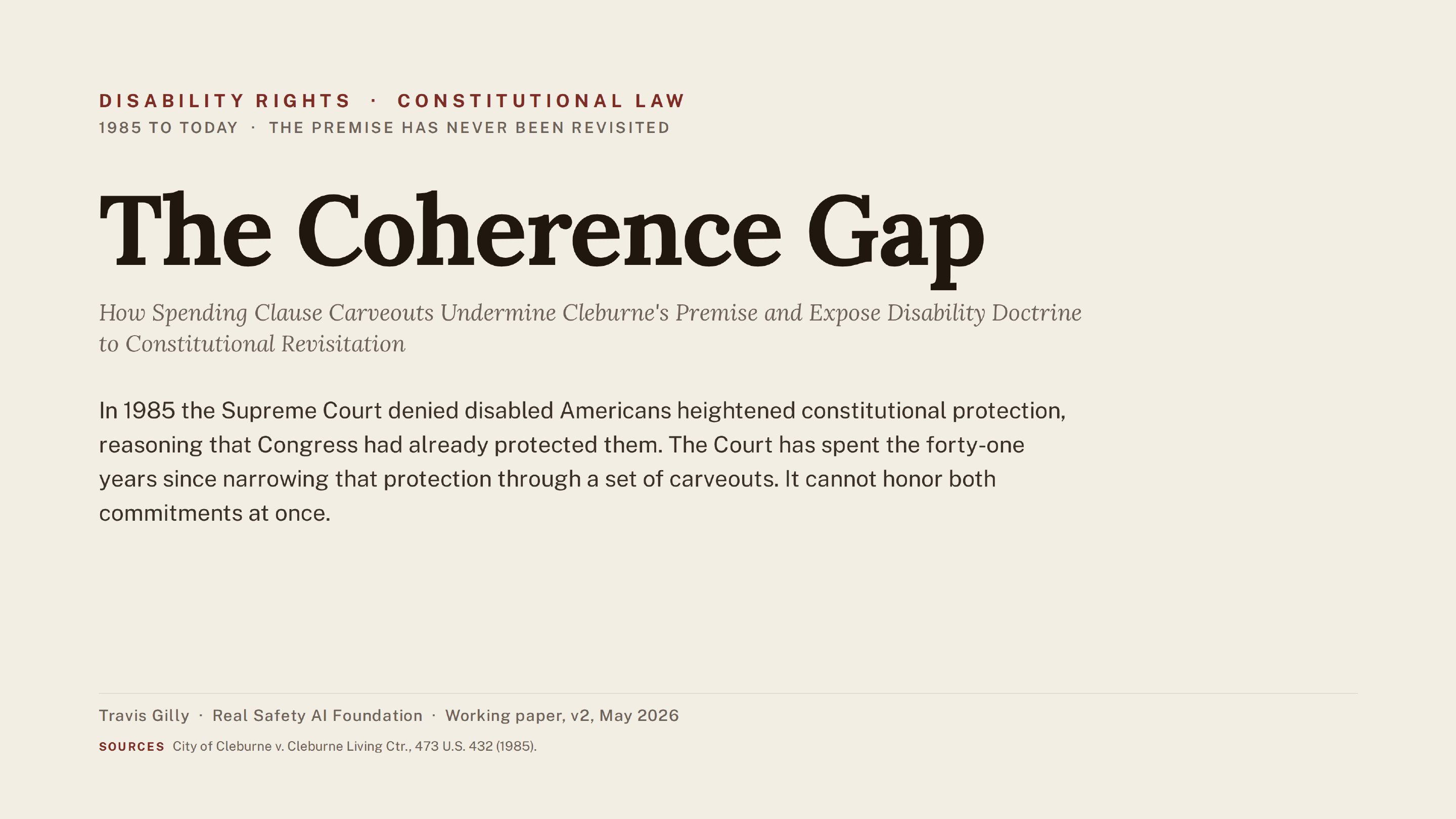 First slide of the plain language summary of The Coherence Gap: How Spending Clause Carveouts Undermine Cleburne's Premise and Expose Disability Doctrine to Constitutional Revisitation