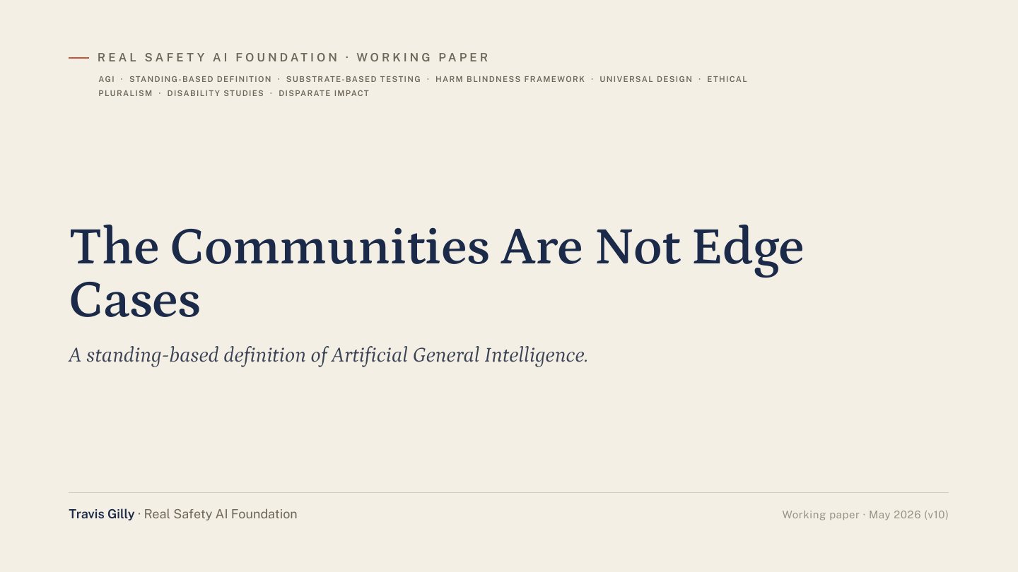 First slide of the plain language summary of The Communities Are Not Edge Cases: A Standing-Based Definition of Artificial General Intelligence