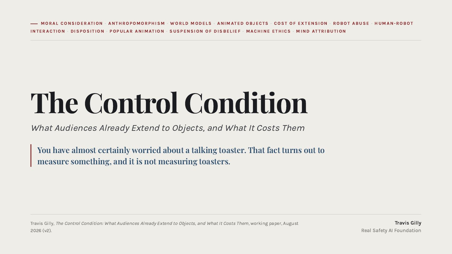 First slide of the plain language summary of The Control Condition: What Audiences Already Extend to Objects, and What It Costs Them