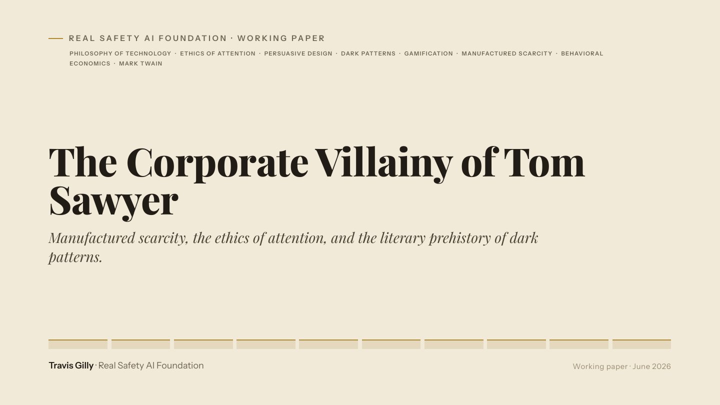 First slide of the plain language summary of The Corporate Villainy of Tom Sawyer: Manufactured Scarcity, the Ethics of Attention, and the Literary Prehistory of Dark Patterns