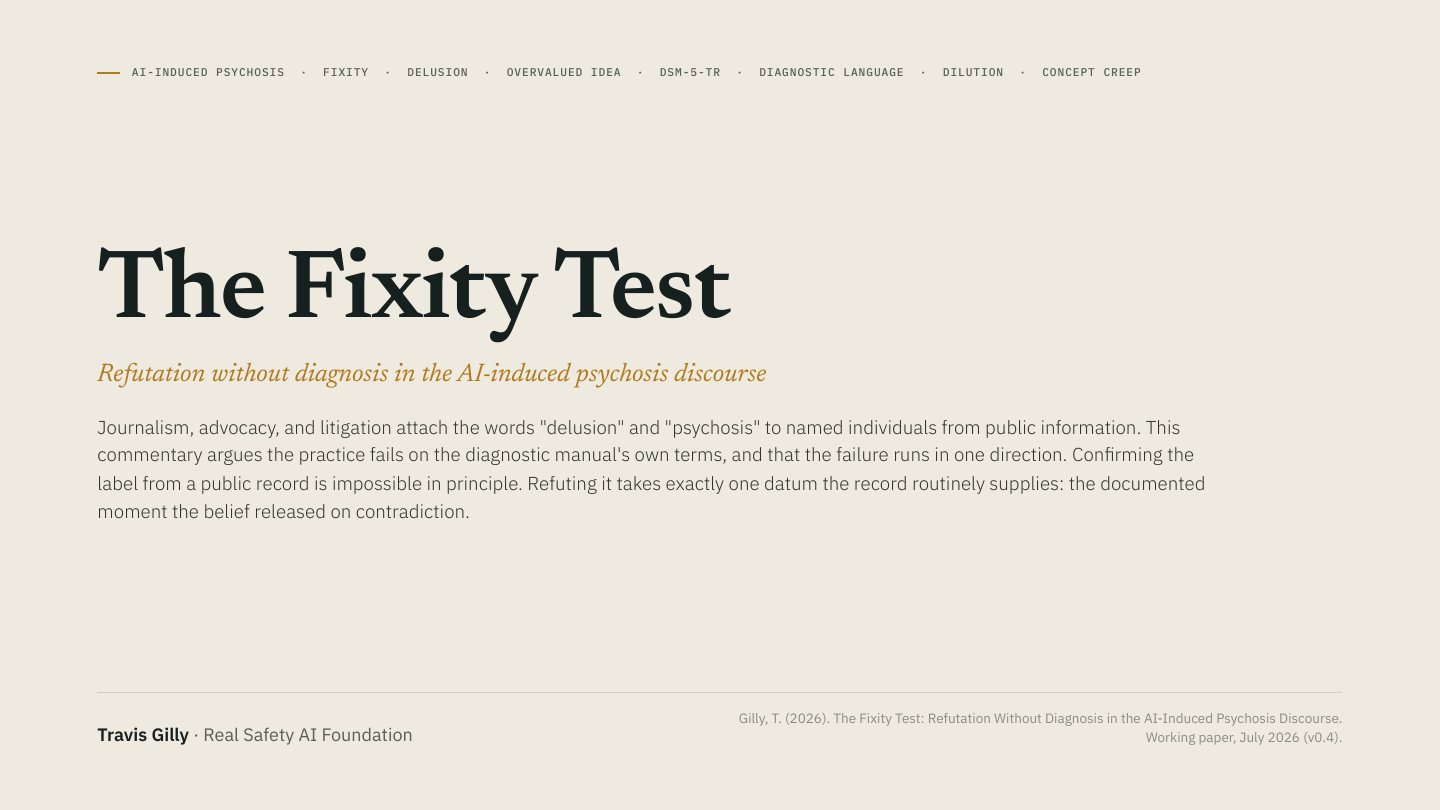 First slide of the plain language summary of The Fixity Test: Refutation Without Diagnosis in the AI-Induced Psychosis Discourse